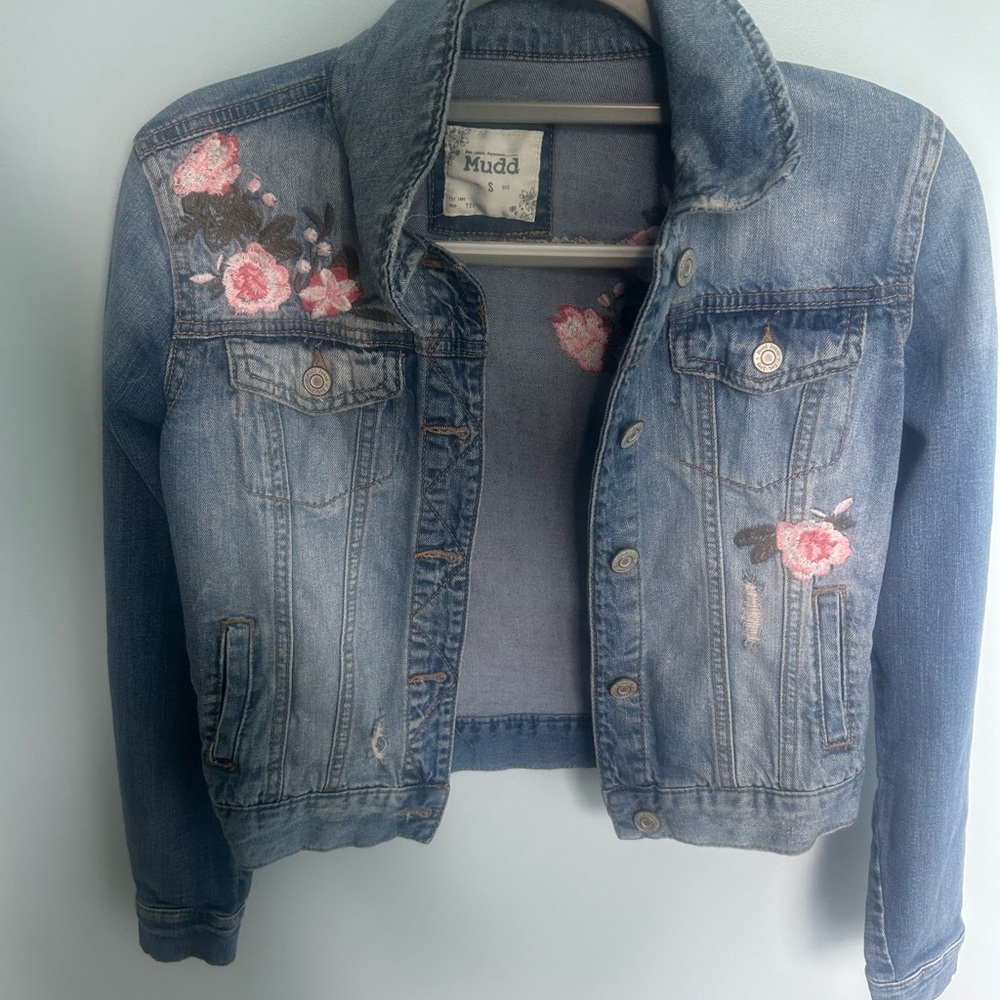 Mudd Light Blue Denim Jacket with Pink Floral Details